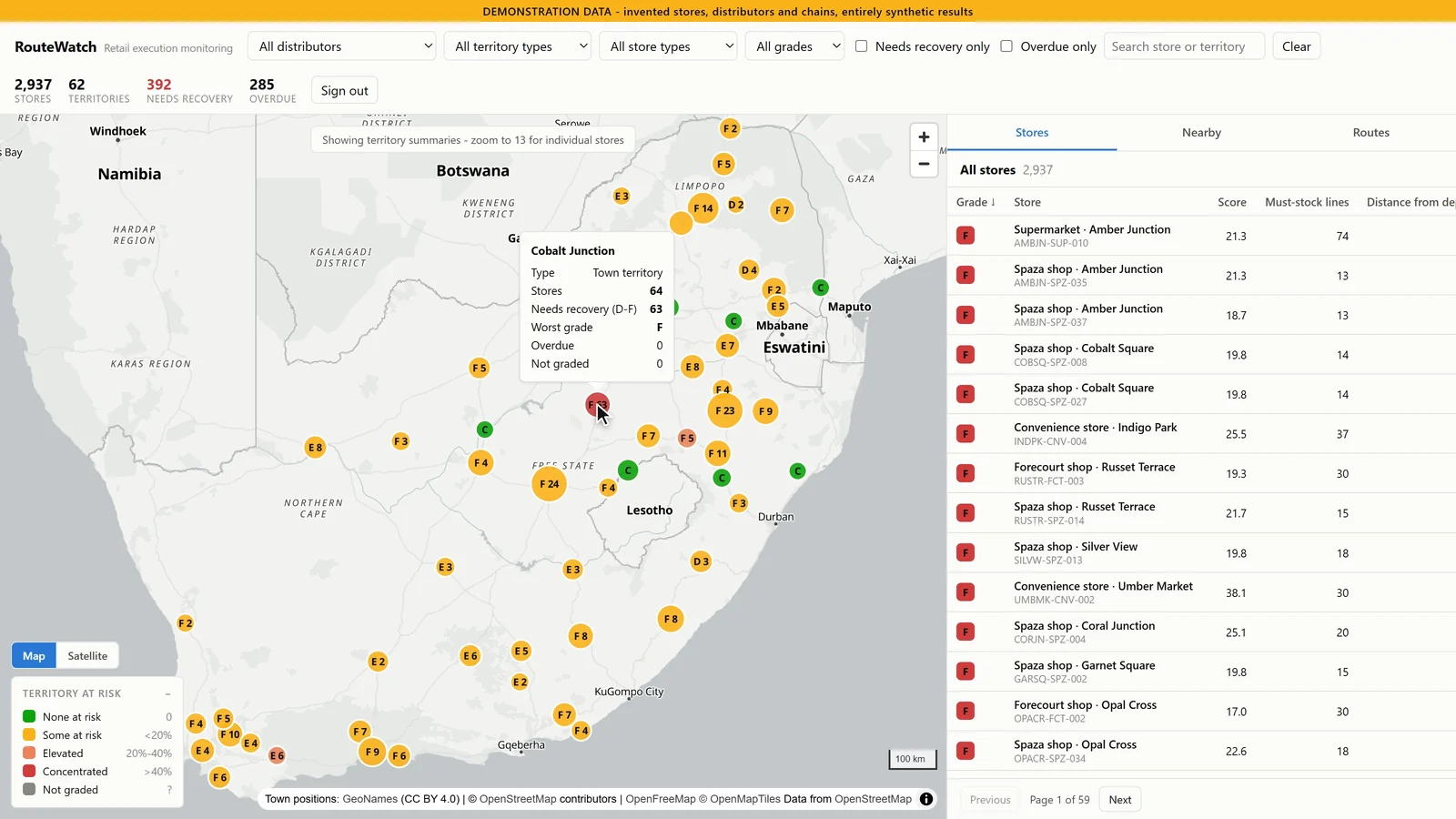 RouteWatch's national map with territory markers coloured by stores needing recovery, and a popup showing 63 of Cobalt Junction's 64 stores need recovery.