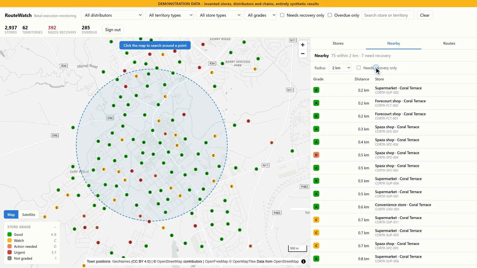 RouteWatch's Nearby view: a 2 km circle around a clicked point, listing the 75 stores inside it, closest first.