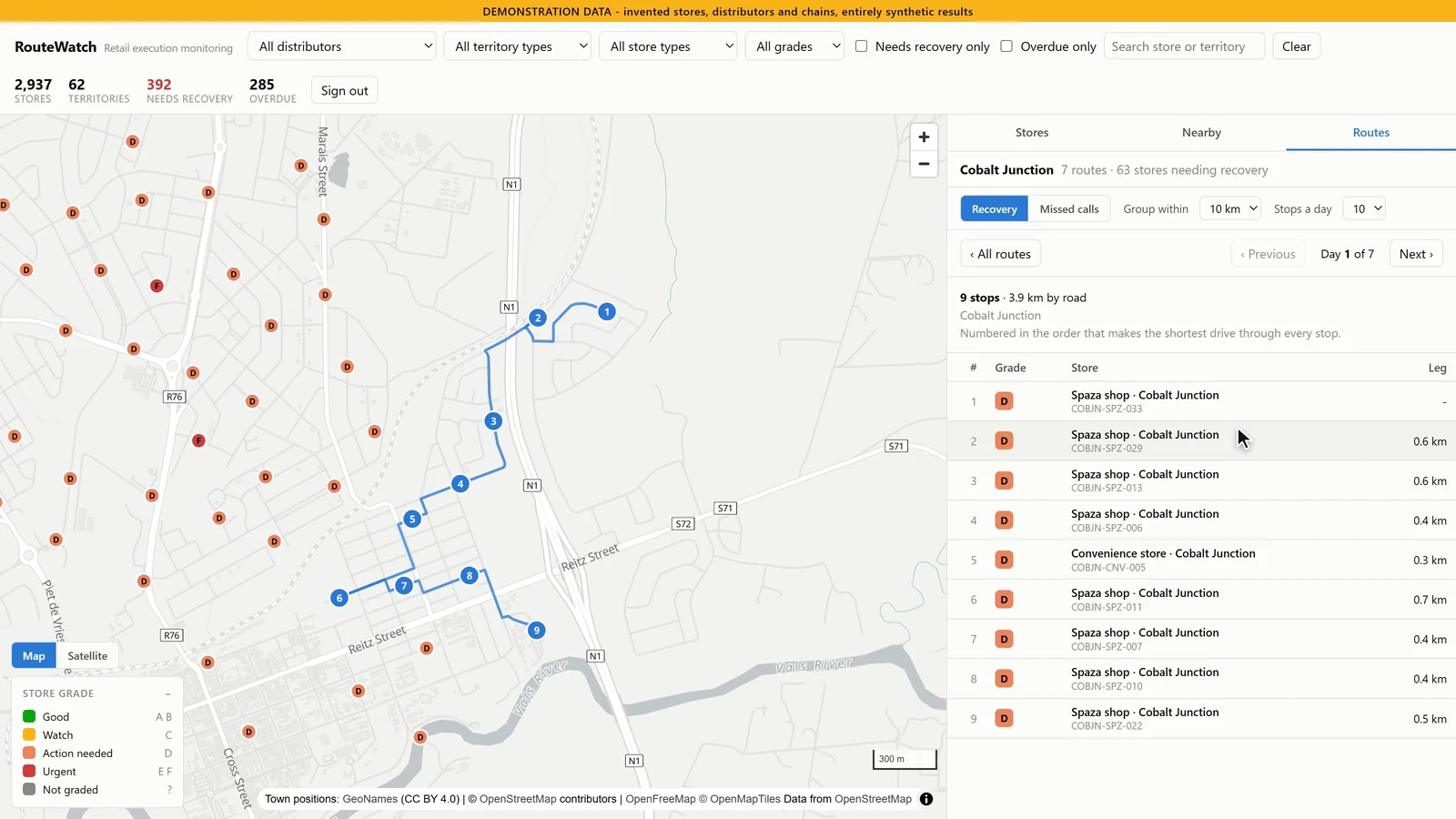 A RouteWatch route, day 1 of 7 in Cobalt Junction: nine stops numbered in driving order, 3.9 km by road.